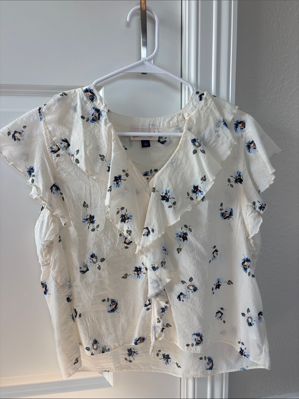 Target Cream Floral Ruffle Blouse with Blue Accents